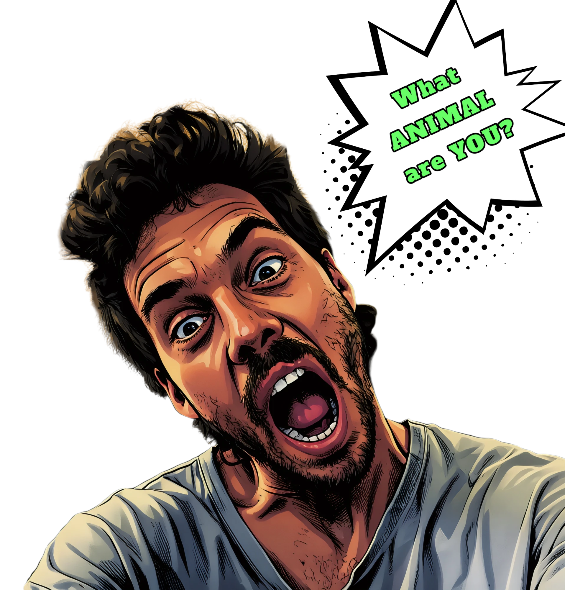 Comic-style illustration of Gavin shouting, with a speech burst asking: What animal am I?